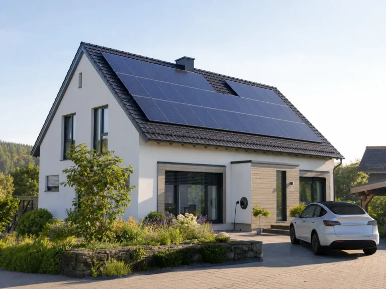 Modernes Wohnhaus mit Photovoltaik, Wallbox und Elektroauto